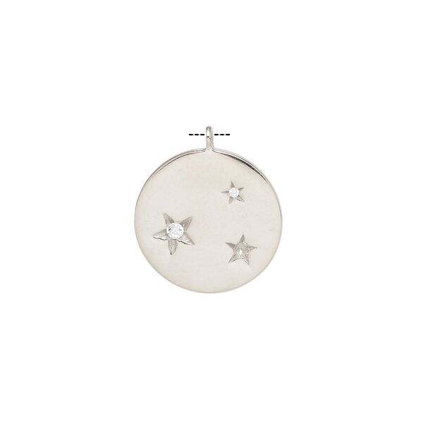 Drop, cubic zirconia and rhodium-plated sterling silver, clear, 15.5mm single-sided round with stars. Sold individually. image number 0