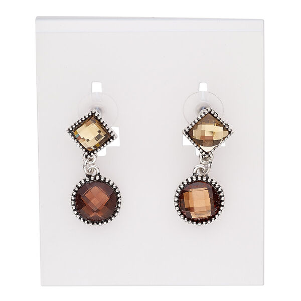 Earring, glass / stainless steel / antique silver-plated "pewter" (zinc-based alloy), topaz brown and brown, 35mm with diamond and round with post. Sold per pair. image number 0