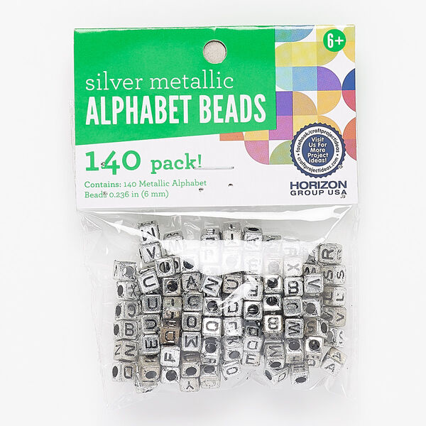 Bead mix, antique silver-coated plastic, 6mm cube with alphabet letters and 3mm hole. Sold per pkg of 140. image number 0