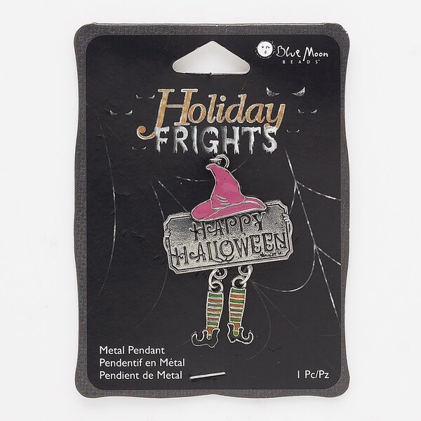 Focal, enamel / antique silver-finished "pewter" (zinc-based alloy) / steel, multicolored, 47x33mm single-sided overall with "HAPPY HALLOWEEN" and witch hat and legs. Sold individually. image number 0
