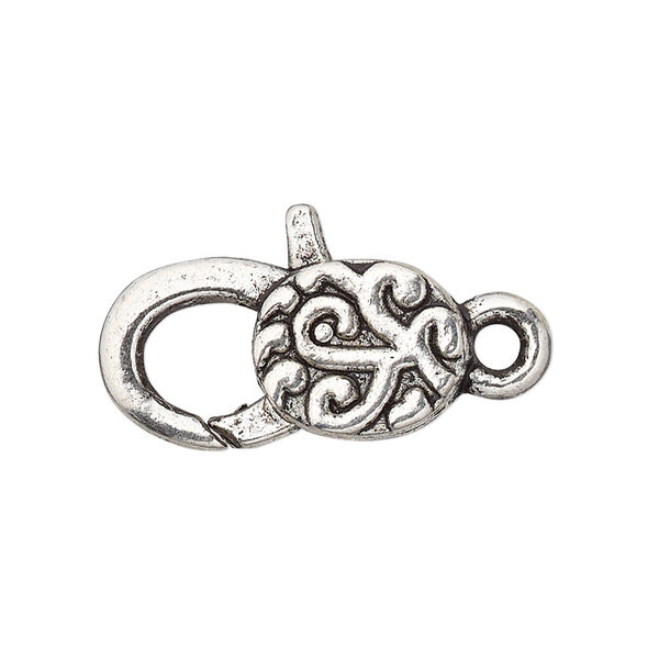 Clasp, lobster claw, antique silver-plated "pewter" (zinc-based alloy), 24.5x13mm with double-sided swirl design. Sold per pkg of 4. image number 0