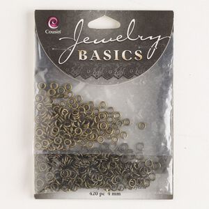 Jump ring mix, antique bronze- and antique brass-finished brass and steel, 4mm and 4.2mm round, 2.1mm and 2.6mm inside diameter, 18 and 20 gauge. Sold per pkg of 420.