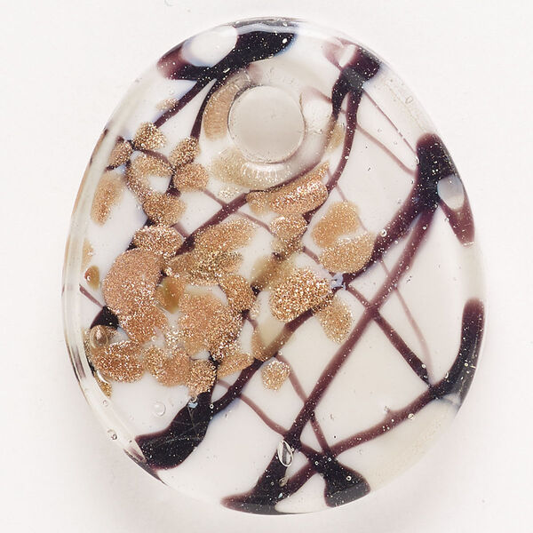 Focal, lampworked glass, pkg/1, opaque clear and purple with copper-colored glitter, 40x33mm-41x35mm flat teardrop. image number 0
