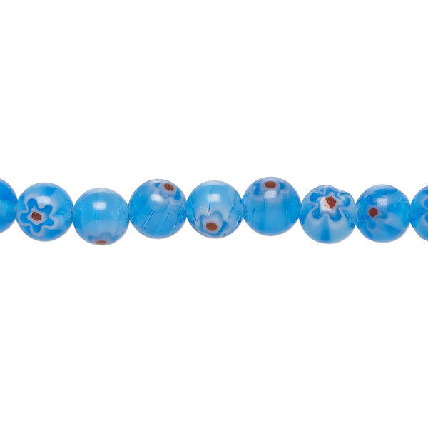 Bead, millefiori glass 1pkg1, translucent dark aqua / red / white, 6mm round, 15 inches. image number 0