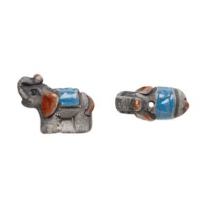 Bead, glazed ceramic, dark grey/blue/red, 17x14mm hand-painted elephant. Sold per pkg of 2.