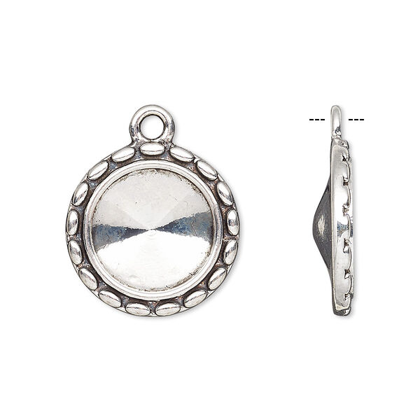 Drop, Almost Instant Jewelry®, antique silver-finished "pewter" (zinc-based alloy), 17mm round with scalloped design and 12mm rivoli setting. Sold per pkg of 6. image number 0