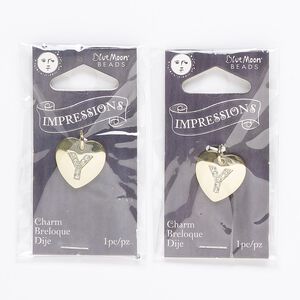 Charm, gold-finished "pewter" (zinc-based alloy) / steel / acrylic rhinestone, clear, 15.5x15mm single-sided puffed heart with letter "Y." Sold per pkg of 2.