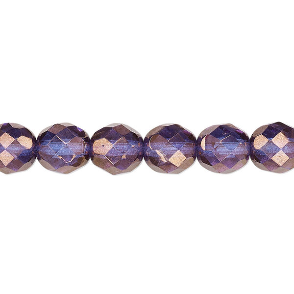 Bead, Czech fire-polished glass, purple and gold, 8mm faceted round. Sold per 15-1/2" to 16" strand, approximately 50 beads. image number 0