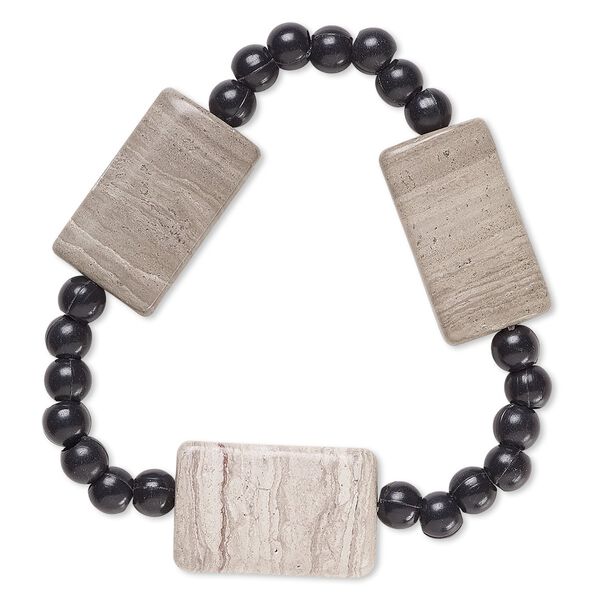 Bracelet, stretch, grey and cream marble (natural) and acrylic, black, 5mm round and 25x14mm-26x16mm flat rectangle, 6 inches. Sold individually. image number 0