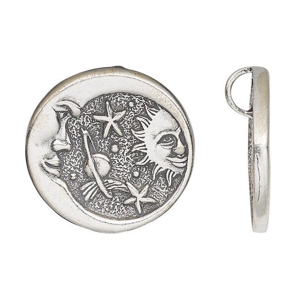 Pendant, antiqued sterling silver, 25mm single-sided round with celestial scene and hidden bail. Sold individually. image number 0