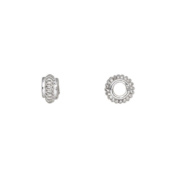 Bead, silver-plated copper, 7x4mm corrugated rondelle. Sold per pkg of 20. image number 0