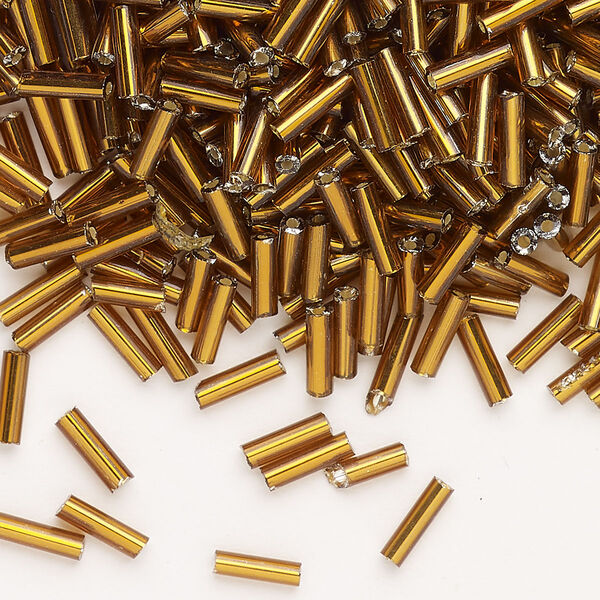Bead, Ming Tree™, bugle bead, glass, pkg/1/4 pound, 1/4 inch, silver-lined translucent dark amber yellow. image number 0
