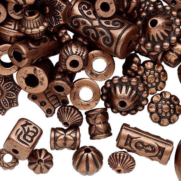 Bead mix, antique copper-finished plastic, 6.5x2mm-25x19.5mm mixed shapes. Sold per 1/4 pound pkg, approximately 600-750 beads. image number 0
