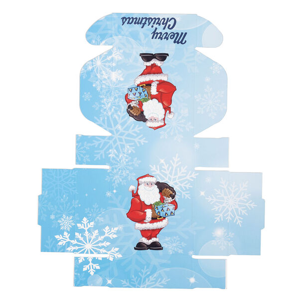 Box, paper, multicolored, 3x3x1-inch unassembled square with Santa Claus and snowflakes. Sold per pkg of 10. image number 2