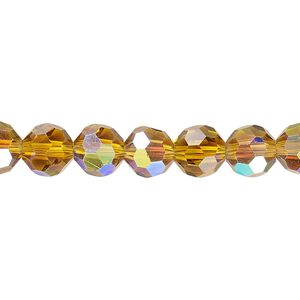 Bead 1pk 32 facets translucent gold AB, Celestial Crystal® 8mm round 15.5-16 inch