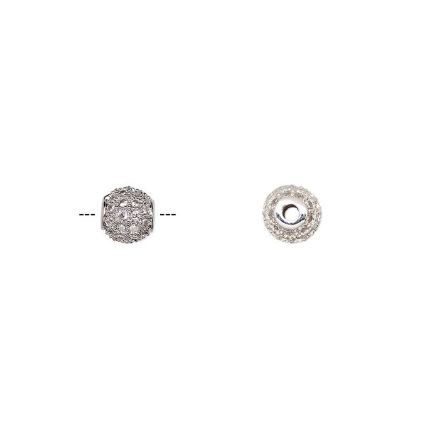 Bead, cubic zirconia and silver-finished brass, clear, 5.5mm textured round. Sold individually. image number 0