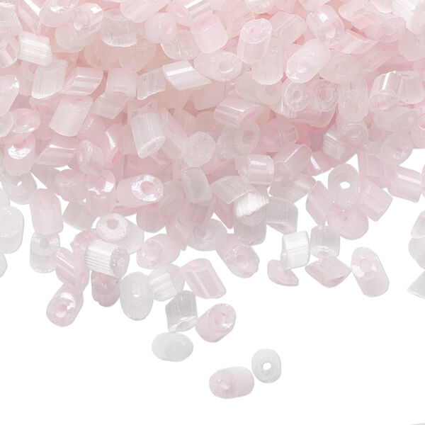 Bead mix, vintage Czech cat's eye glass (fiber optic glass), light pink and white, 3x2mm-5x3mm parallelogram. Sold per 1.5-ounce pkg, approximately 1,200 to 1,300 beads. image number 0