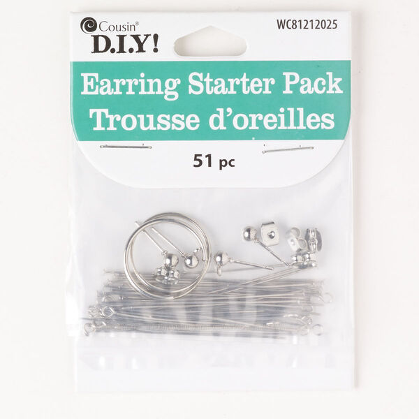 Earring starter kit assortment, brass, pkg/1, silver finish, mixed sizes and shapes. image number 0