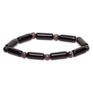 Bracelet, stretch, glass and cat's eye glass, opaque purple and black, 5-6mm round and 14x5mm-15x6mm round tube, 6 inches. Sold individually.