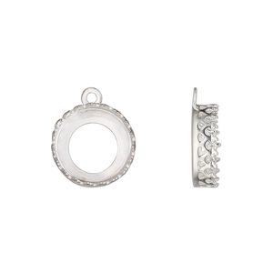 Drop, sterling silver, 13.5mm round with decorative trim and open back with 12mm round cabochon bezel setting. Sold individually.