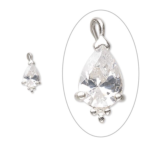 Drop, sterling silver and cubic zirconia, clear, 8x5mm pear. Sold individually. image number 0