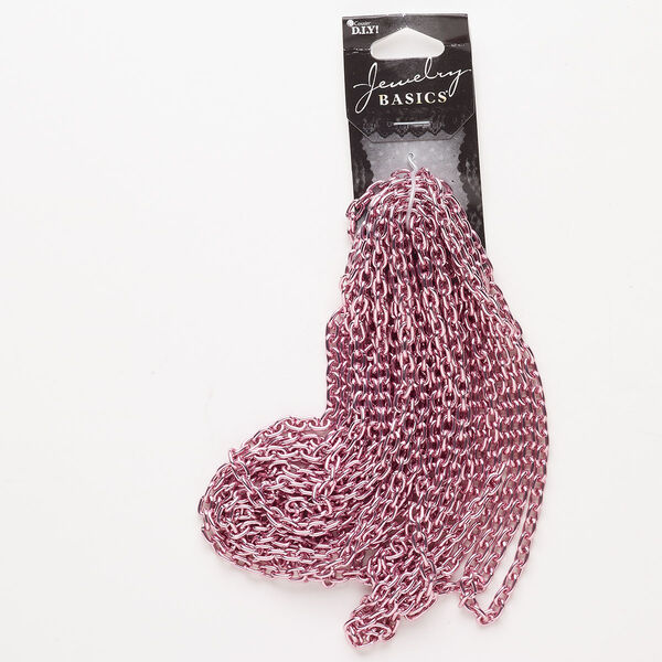 Chain, anodized aluminum, pkg/160 inches, 4mm oval rolo, pink. image number 0