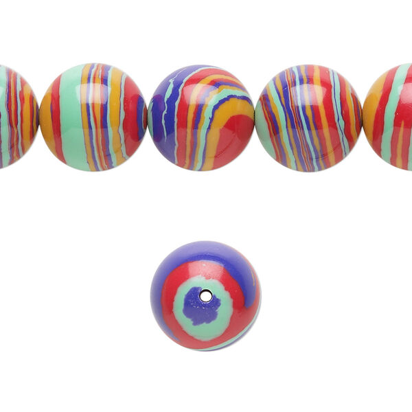 Bead, resin, multicolored, 12mm round with swirls. Sold per 15-1/2" to 16" strand. image number 0