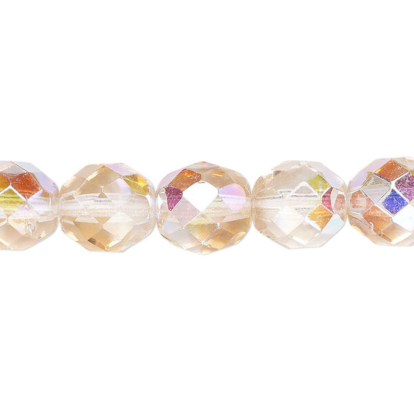 Bead, Czech fire-polished glass, two-tone, crystal/rose AB, 10mm faceted round. Sold per 15-1/2" to 16" strand. image number 0