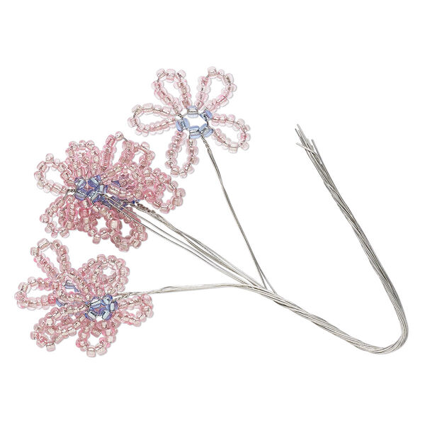 Wire pick, glass and steel, silver-lined pink and lavender blue, 4-1/2 inches with 20x19mm flower. Sold per pkg of 6. image number 0