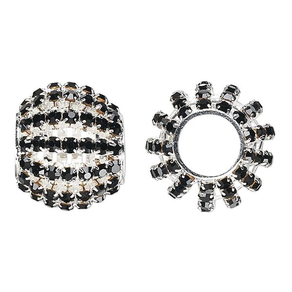 Bead, glass rhinestone and silver-finished brass, black, 25x20mm barrel with 3mm chatons, 11.5mm hole. Sold individually. image number 0