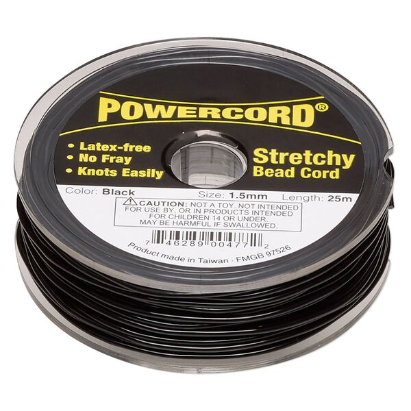 Cord, Powercord®, elastic, black, 1.5mm, 22-pound test. Sold per 25-meter spool. image number 0