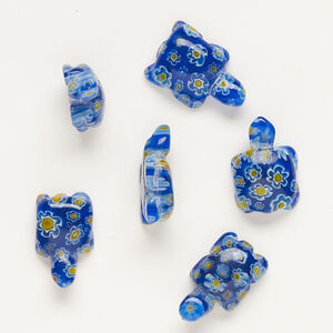 Bead, millefiori glass, translucent cobalt blue / orange / white, 21x12mm-24x15mm half-drilled turtle. Sold per pkg of 6.