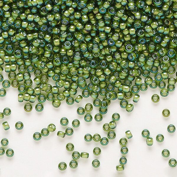 Seed bead, Miyuki, glass, pkg/25g, #11 rocaille, translucent white-lined luster light green, (RR-3764). image number 0