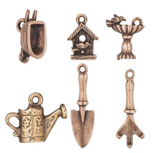 Charm set, antique copper-plated pewter (tin-based alloy), 17x9mm-32x23.5mm garden theme. Sold per 6-piece set.
