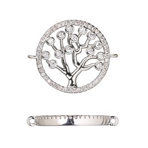 Link, cubic zirconia and silver-finished brass, clear, 18.5mm single-sided round with tree of life design. Sold individually.