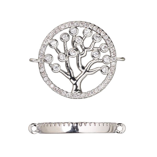 Link, cubic zirconia and silver-finished brass, clear, 18.5mm single-sided round with tree of life design. Sold individually. image number 0