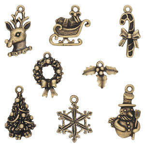 Charm, antique brass-plated pewter (tin-based alloy), 12.5x9.5mm-23x17.5mm Christmas theme. Sold per 8-piece set.