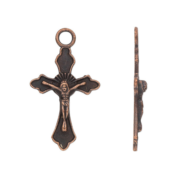 Drop, antique copper-plated "pewter" (zinc-based alloy), 26x17mm single-sided crucifix. Sold per pkg of 10. image number 0
