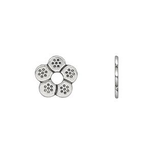 Bead, antique silver-plated "pewter" (zinc-based alloy), 12x1mm double-sided flower rondelle. Sold per pkg of 50.