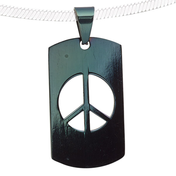 Pendant, gunmetal-plated stainless steel, 35x20mm dog tag with cutout peace sign design. Sold individually. image number 0