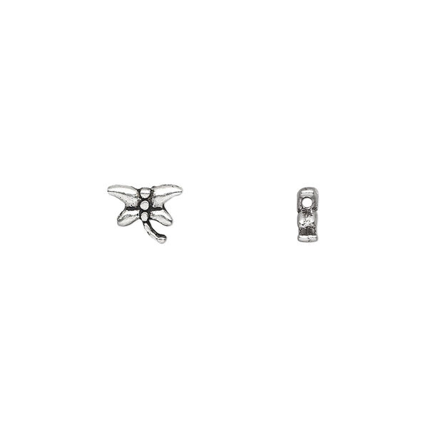 Bead, antique silver-plated "pewter" (zinc-based alloy), 8x6mm double-sided dragonfly. Sold per pkg of 100. image number 0