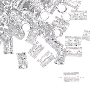 Bead, anodized aluminum, silver, 8x5mm-9x5mm unsoldered filigree round tube with 4mm hole. Sold per pkg of 100.