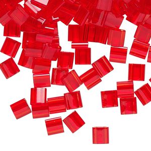 Seed bead, TILA®, glass, pkg/250g, 5mm full tila square, transparent light fire red, (TL-140).