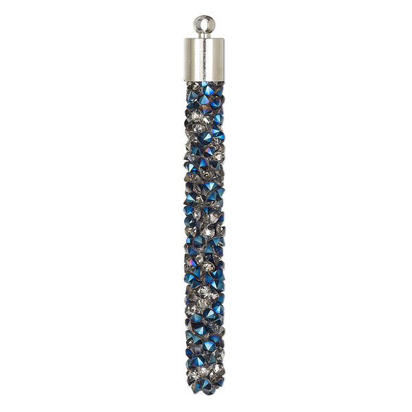 Focal, glass / resin / imitation rhodium-finished brass, metallic half-coated clear and blue, 53x6mm stick. Sold per pkg of 4. image number 0