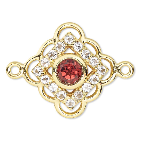 Link, garnet / white topaz (natural) / gold-finished sterling silver, 15x15mm diamond with cutouts. Sold individually. image number 0