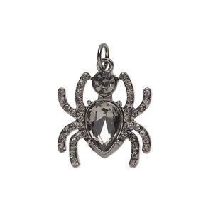 Charm, gunmetal-finished "pewter" (zinc-based alloy) and glass, black and grey, 20x19mm spider. Sold per pkg of 2.