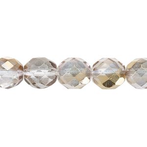Bead, Czech fire-polished glass, clear and metallic 24Kt gold, 10mm faceted round. Sold per 15-1/2" to 16" strand.