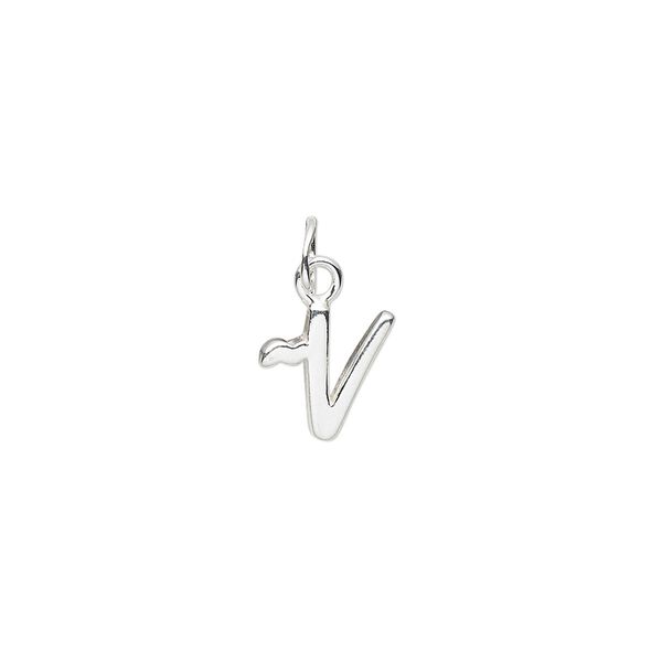 Charm, sterling silver, 9x8mm Champagne cursive alphabet letter "V." Sold individually. image number 0