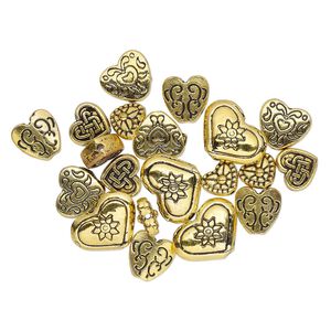 Bead, antique gold-finished "pewter" (zinc-based alloy), 8x7mm-16x12mm assorted double-sided heart. Sold per pkg of 20.