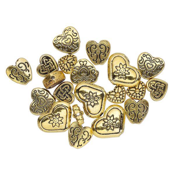 Bead, antique gold-finished "pewter" (zinc-based alloy), 8x7mm-16x12mm assorted double-sided heart. Sold per pkg of 20. image number 0